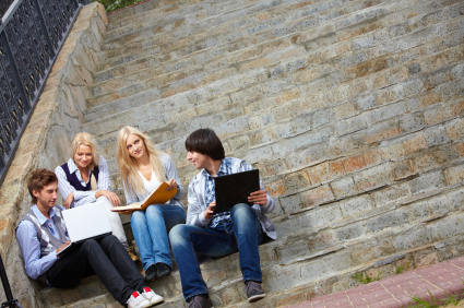 Students studying on step